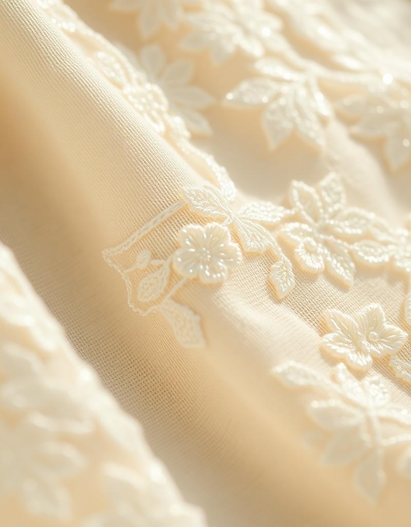 Close up of delicate lace hand-stitching on ivory silk
